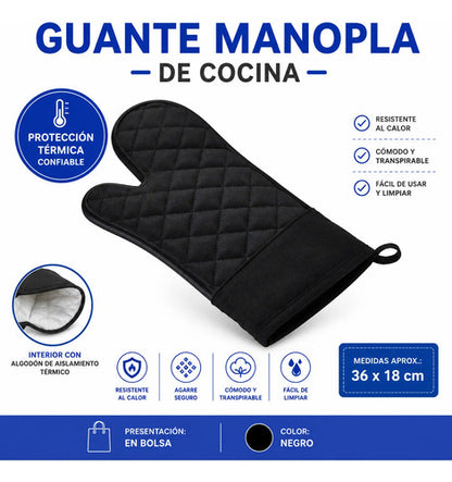 Guante Manopla Cocina Horno Térmico Algodón Aislante 36x18cm Negro