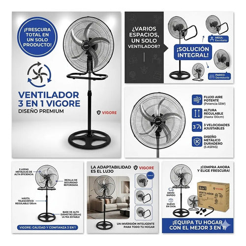 Ventilador Pie Mesa Pared 3 En 1 Aspas Metal 50cm 55w 220v 50 Cm 50 - 60 Hz Negro Mate Gris Metalizado / Aluminio Metal Aluminio Reforzado 5