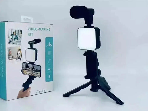 Tripode Soporte Celular Con Luz Led Y Microfono Para Video Negro