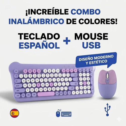Combo Pack Kit Teclado Mouse Inalambrico Usb Notebook Mac Pc Lavanda