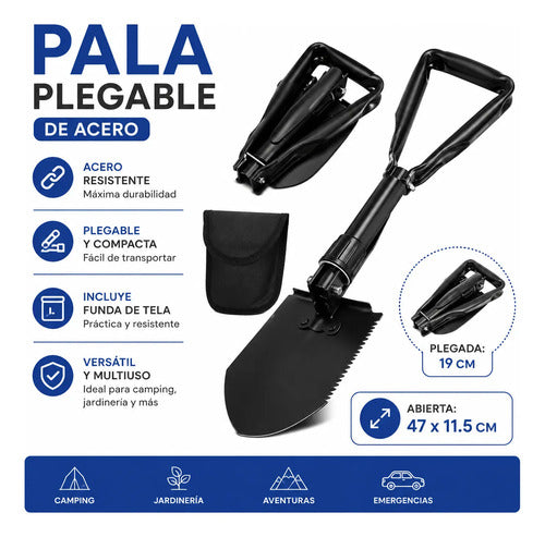 Pala Portátil Plegable Con Funda Acero 47cm Camping Jardín Negro