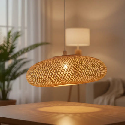 Pantalla Lampara Colgante Ratan Tejido 80cm Rustica Fuerte Ratán Natural / Mimbre Claro Diseño Rústico Y Bohemio