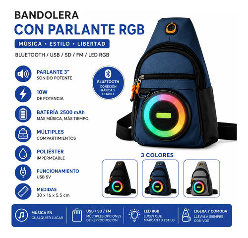Bandolera Con Parlante Bluetooth Rgb Usb Sd Fm Radio Azul