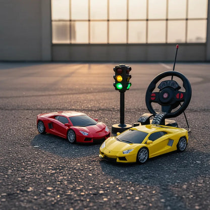 Auto Rc Volante Pedalera Escala 1:16 Semáforo Luz Sonido Amarillo