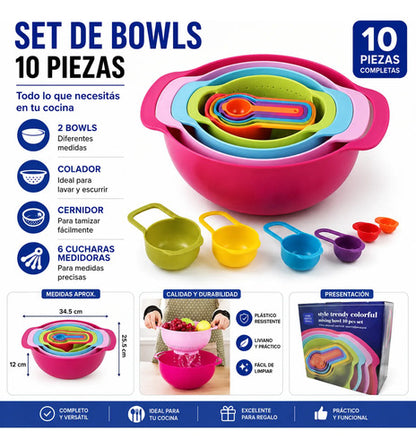 Set Bowl Colador Cucharas Medidoras Plastico Cocina Pack X10 Aleatorio