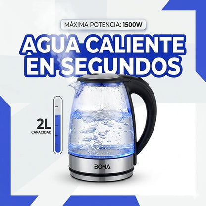 Jarra Pava Electrica Vidrio 2l 1500w Luz Led Medidor Agua Negro