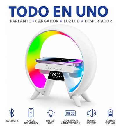 Parlante Bluetooth Cargador Inalámbrico Reloj Luz Rgb Fm Tf Blanco