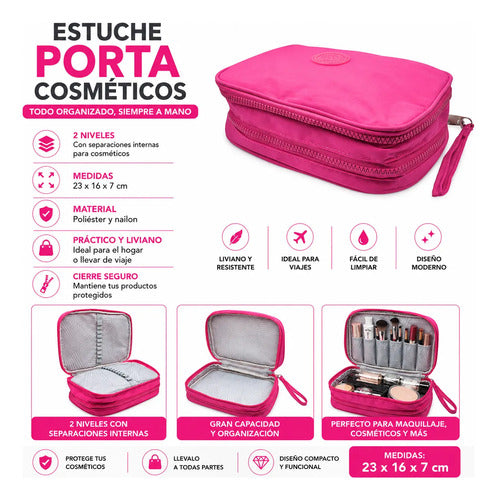 Neceser Maquillaje 2 Niveles Organizador Bolso Estuche 23cm Fucsia