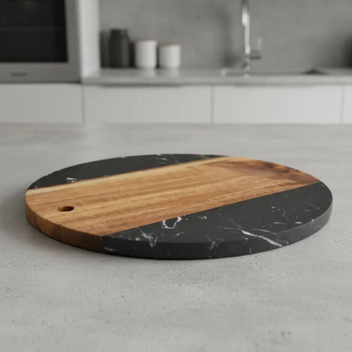 Tabla De Cocina Madera Mármol Picar Servir Redonda 25cm Madera Y Mármol Negro Con Marrón