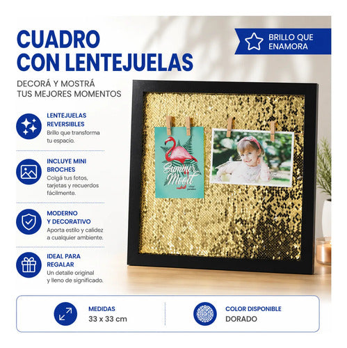 Cuadro Decorativo Portafotos Lentejuelas Fotos 33x33cm Negro Lentejuelas