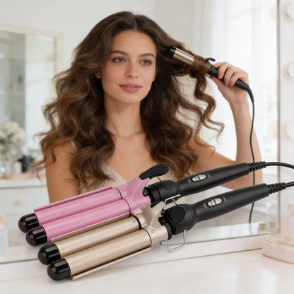 Rizador Buclera Ondas Profundas Triple Barril 220v Cilindro Rosa