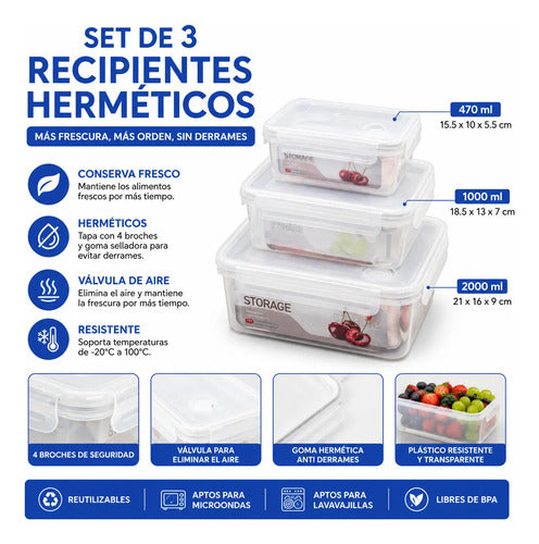 Set Recipientes Hermeticos Pack X3 Piezas Plastico 3 Tamaños Blanco