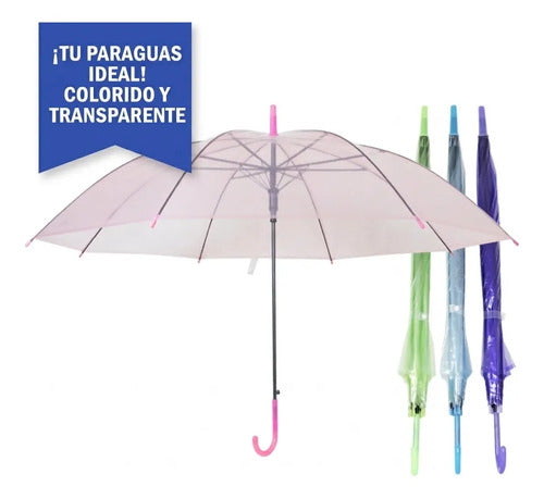 Paraguas Transparente Clasico Lluvias Mangos Plastico 55 Cms Rosado Verde Violeta Gris Y Celeste Nylon Transparente De Alta Densidad