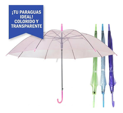 Paraguas Transparente Clasico Lluvias Mangos Plastico 55 Cms Rosado Verde Violeta Gris Y Celeste Nylon Transparente De Alta Densidad