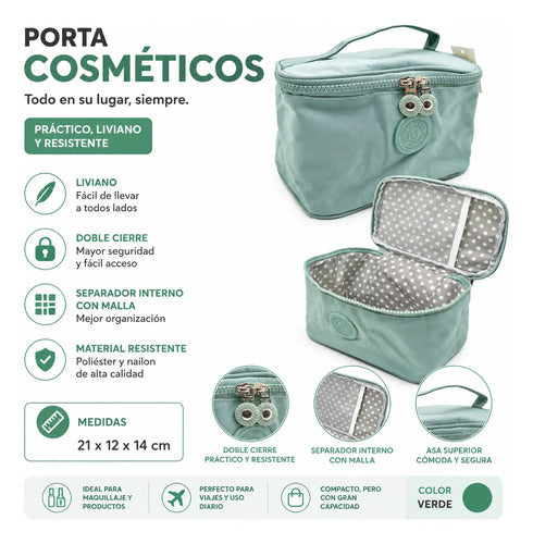 Bolso Maquillaje Neceser Organizador 2 Cierres Y Separarador Verde