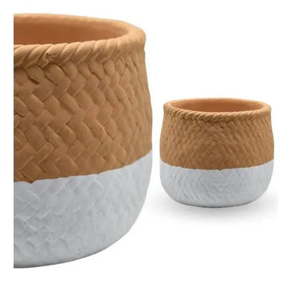 Maceta Cerámica Decorativa Labrada Diseño Yute Rústica 13cm Beige Con Blanco