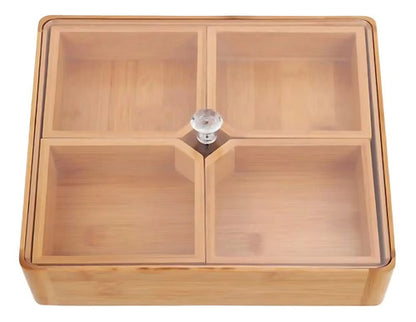 Bandeja Con Divisiones Y Tapa Para Picada Frutos Secos Bambu Marrón
