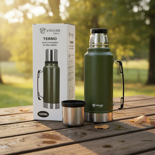 Termo Acero Inoxidable 1.2l Asa Plegable Hermético 2 Paredes Verde