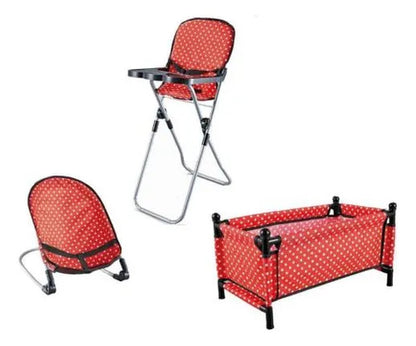 Set 3 En 1 Cuna Silla Alta Mecedora Para Muñecas Plegable Rojo