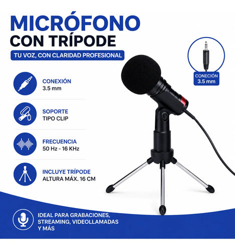 Micrófono Pc Celular Trípode Grabación Pro Streaming Podcast Negro