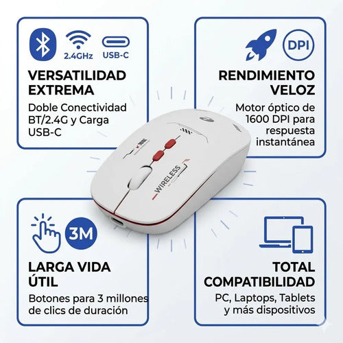 Mouse Inalambrico Bluetooth Usb Recargable Tipo C 1600 Dpi Negro