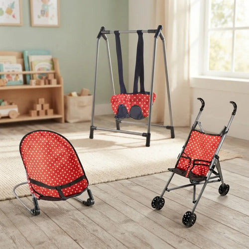 Set Infantil Coche Hamaca Silla Para Muñecas 3 Piezas Rojo
