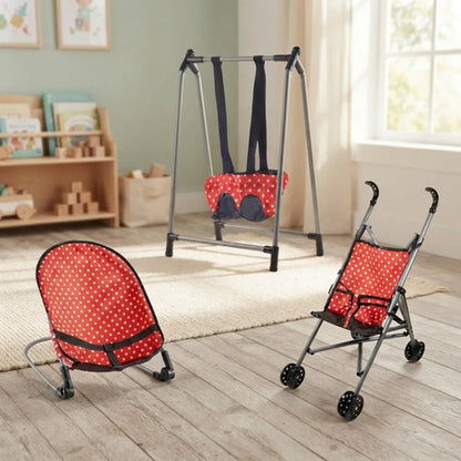 Set Infantil Coche Hamaca Silla Para Muñecas 3 Piezas Rojo