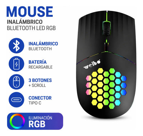 Mouse Gamer Led Rgb Inalambrico Bluetooth Recargable Tipo C Negro