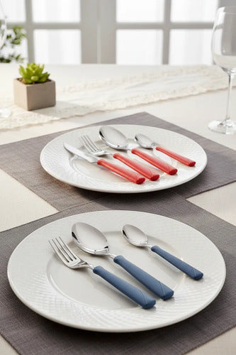 Set Juego De Cubiertos Pack X24 Piezas Pote Acero Inoxidable Azul
