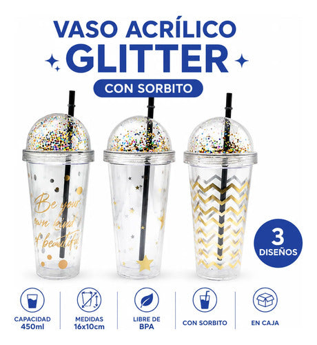Vaso Acrílico Con Tapa Glitter Y Sorbito 450ml Bebida Aleatorio