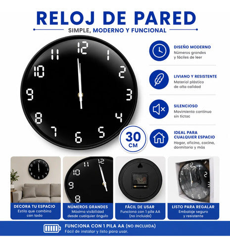 Reloj Analogico Pared Redondo 30cm Numeros Modernos Negro
