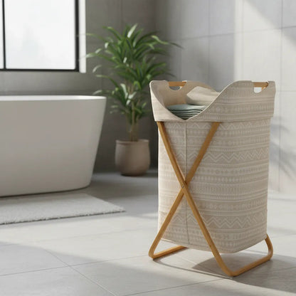 Canasto Cesto Ropa Plegable Ropa Lavanderia Madera Tela Beige Geométrico
