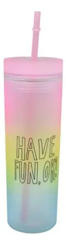 Vaso Acrílico Tapa Sorbito Multicolor Frase 500ml Liviano Multicolor