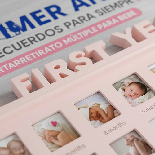 Portarretrato Múltiple Bebé Primer Año X12 Fotos Cuadro Rosa