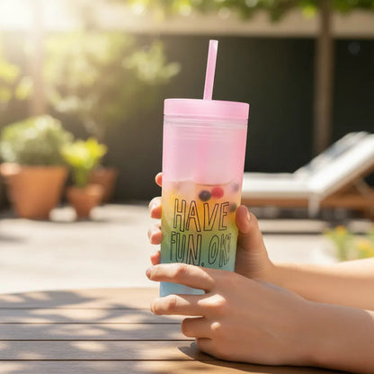 Vaso Acrílico Tapa Sorbito Multicolor Frase 500ml Liviano Multicolor
