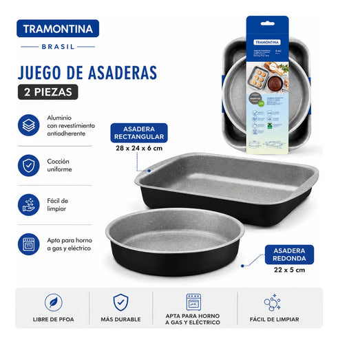 Pack Set Juego Asadera Horno Antiadherentes 2 Piezas Redonda Negro