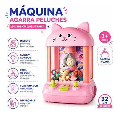 Máquina Garra Infantil Gato Peluches Usb 4 Pilas Aa 32cm Rosa