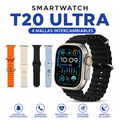 Smartwatch T20 Ultra 4 Mallas Llamada Bluetooth Notificacion Plateado Deportiva Perforada / Sport Negro