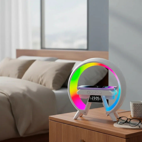 Parlante Bluetooth Cargador Inalámbrico Reloj Luz Rgb Fm Tf Blanco