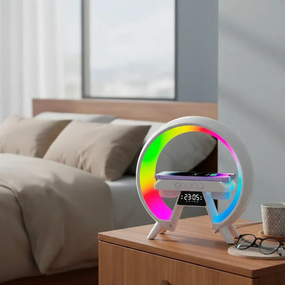 Parlante Bluetooth Cargador Inalámbrico Reloj Luz Rgb Fm Tf Blanco