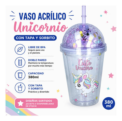 Vaso Acrílico Doble Pared Unicornio Tapa Sorbito 380ml Termo Celeste