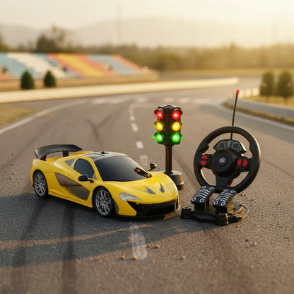 Auto Rc Infantil Volante Pedalera Semáforo Luz Sonido 24cm Amarillo