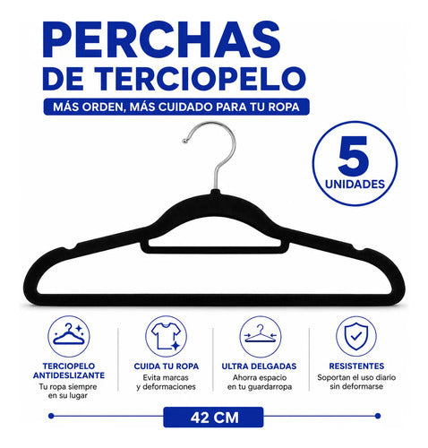 Perchas De Terciopelo Antideslizantes Ropa Pack X5 42cm Negro