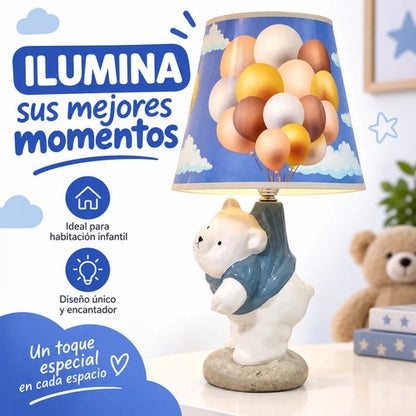 Lámpara Velador Cerámica Diseño Oso Pantalla Decorada 37cm Beige
