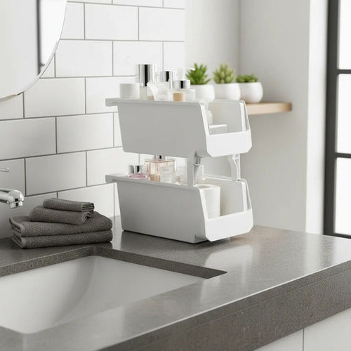 Organizador Canasto Plástico Apilable Multiuso 30cm Baño Blanco