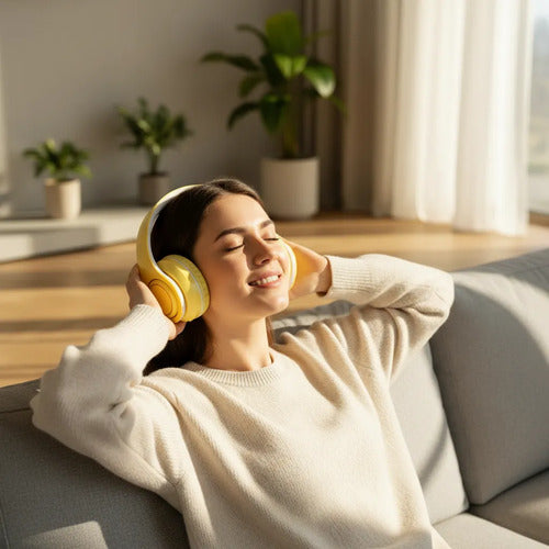 Auricular Bluetooth Usb Tf Plegable Vincha Ajustable 3.5 Hd Amarillo
