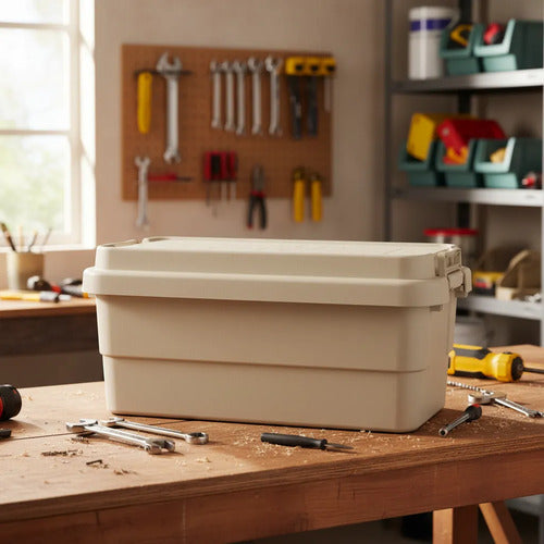 Caja Baul Organizador Herramientas Plastico Tapa Asa 65l Beige