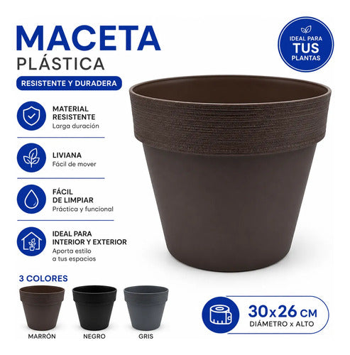Maceta Jardín Plástica Redonda Liviana 30x26cm Planta Flores Marrón