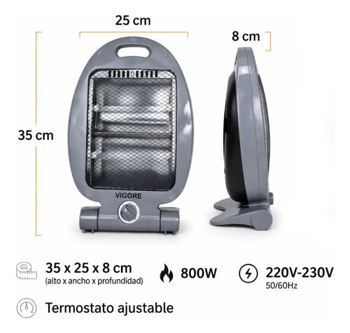 Estufa Electrica Cuarzo Calefactor Portatil Termostato 800w Gris