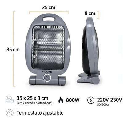 Estufa Electrica Cuarzo Calefactor Portatil Termostato 800w Gris